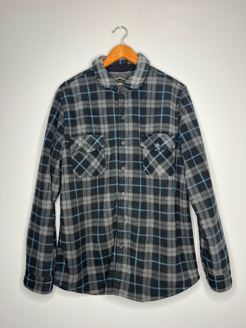 Freedom Foundry Men's Gray & Blue Plaid Button-Up Furry Flannel Shirt Jacket